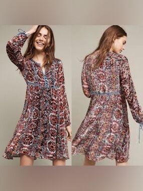 Anthropologie Floreat Abia Long-Sleeve Floral bohemian velvet peasant Dress